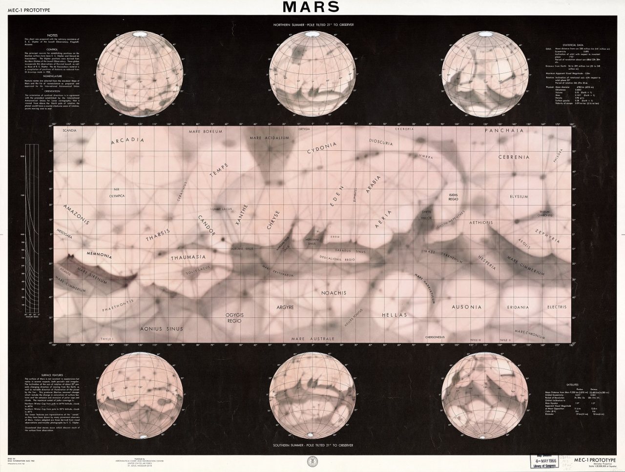 A 1962 U.S. map of Mars showing shaded surface regions, labeled geographic features, and faint straight canal-like lines crossing the Martian surface, with six inset globe views around the central map.