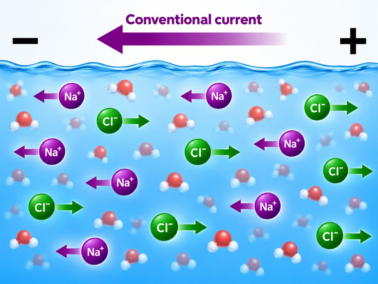 Infographic showing ionic conduction in salt water. Sodium ions move toward the negative side, chloride ions move toward the positive side, and conventional current points in the direction of positive charge flow.
