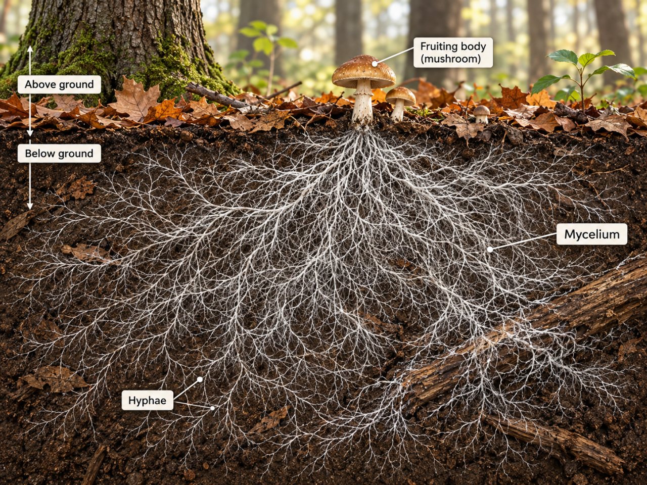 Cutaway woodland diagram showing mushrooms above a leaf-covered forest floor and a much larger white fungal network below ground, with labels identifying the fruiting body (mushroom), mycelium, and hyphae.