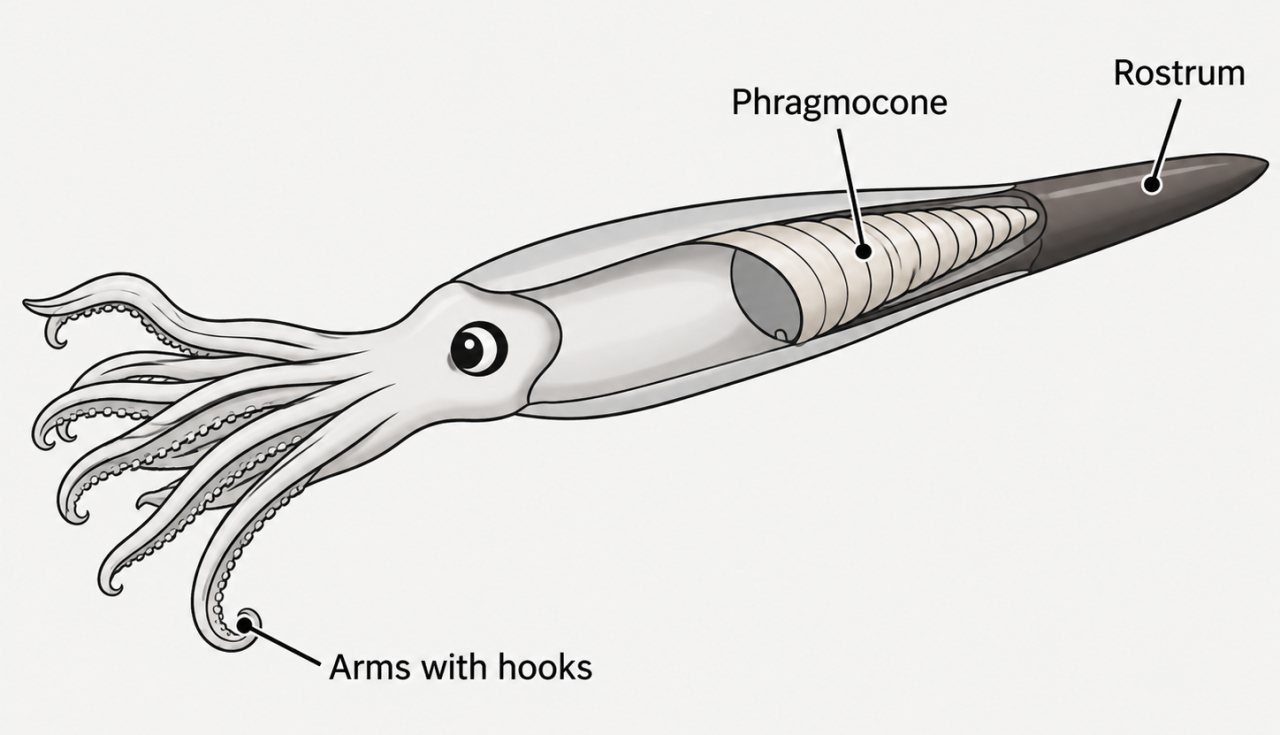 Simplified cutaway diagram of a belemnite showing the long internal rostrum at the rear, the chambered phragmocone inside the body, and the arms with hooks at the front.