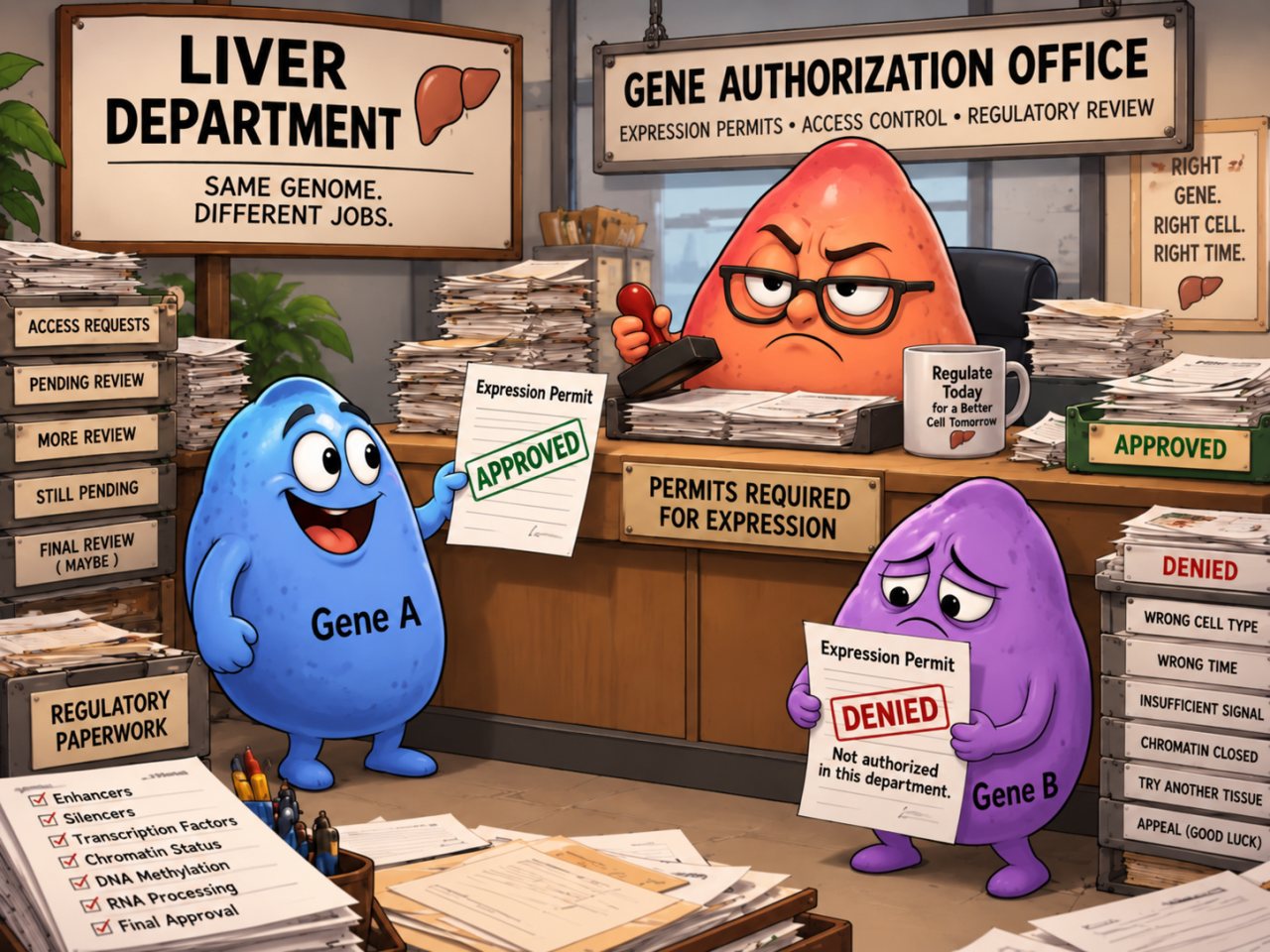 Humorous cartoon of a “Gene Authorization Office” inside a Liver Department. Gene A happily holds an approved expression permit while Gene B holds a denied permit stating it is not authorized in that department. A stern clerk sits behind a counter surrounded by stacks of regulatory paperwork, including labels such as Access Requests, Pending Review, Wrong Cell Type, Wrong Time, Chromatin Closed, and Appeal (Good Luck).