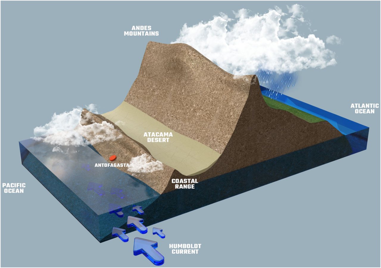 Diagram showing the Atacama Desert between the Coastal Range and Andes Mountains, with clouds blocked by the Andes to the east and the cold Humboldt Current flowing northward along the Pacific coast.