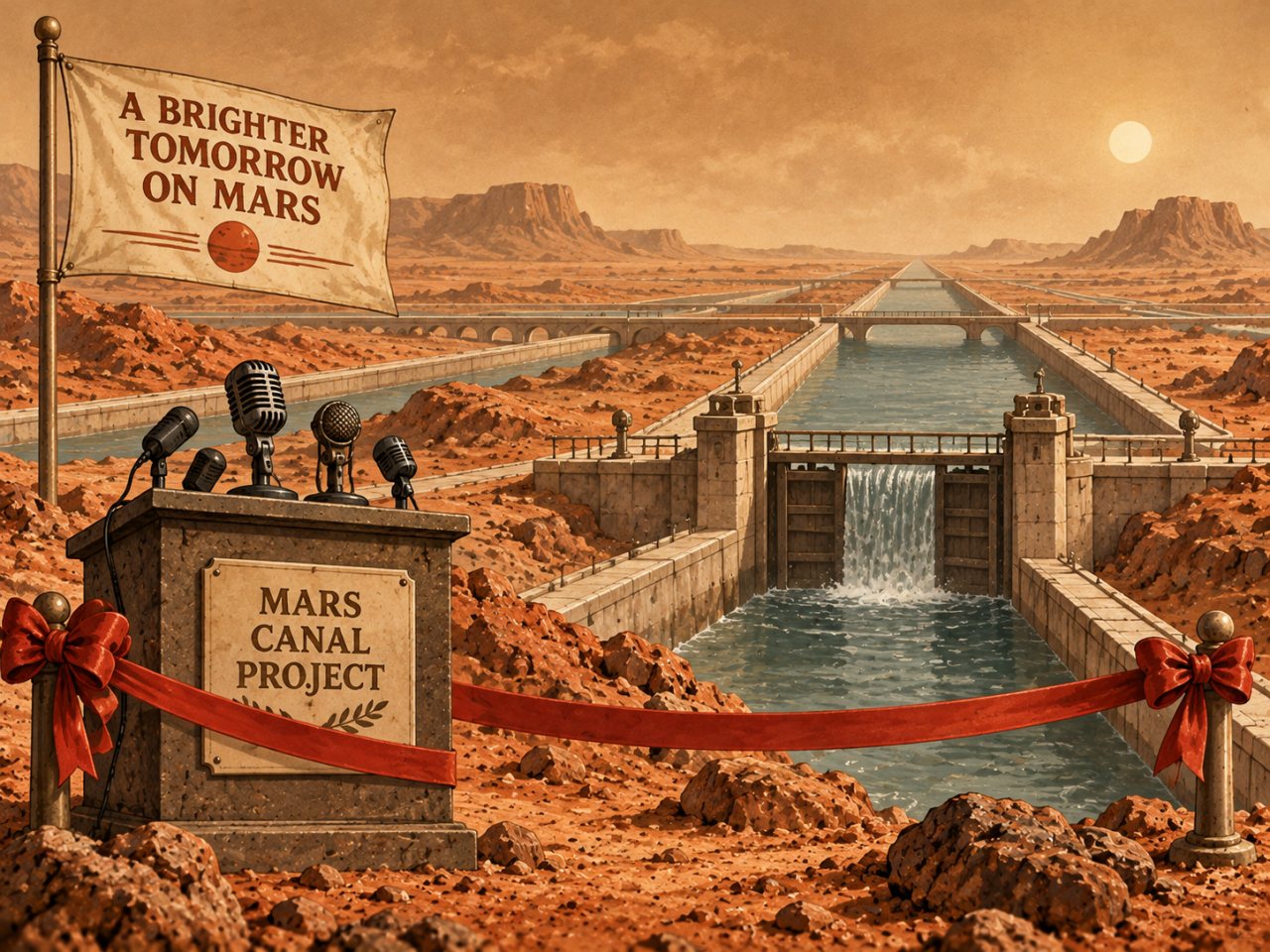 A sepia-toned humorous illustration of Mars showing a grand ribbon-cutting ceremony for a massive canal project, with microphones, a podium, and engineered waterways stretching across the barren planet — but no Martians anywhere in sight.