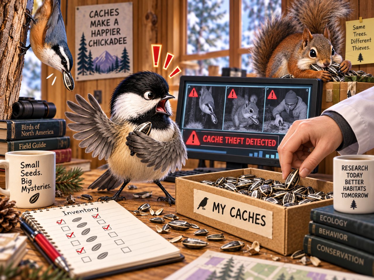 Humorous editorial illustration of a black-capped chickadee discovering organized seed theft in its cache system. A red-breasted nuthatch, a squirrel with cheeks full of seeds, and a researcher’s hand are all caught taking sunflower seeds, while a monitor behind them displays “CACHE THEFT DETECTED.”