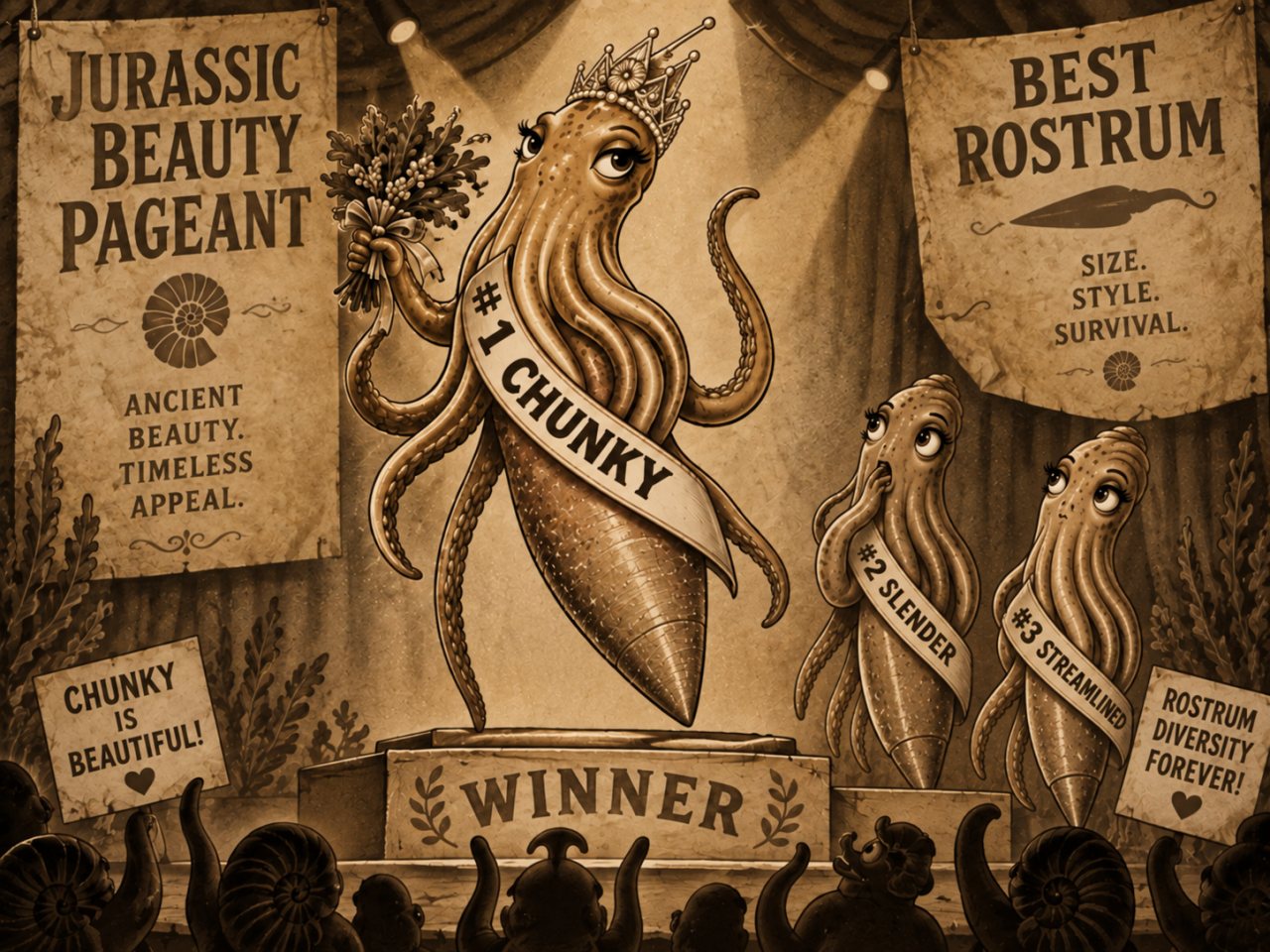 Sepia-toned humorous cartoon of a Jurassic beauty pageant featuring anthropomorphic belemnite-like cephalopods. The central winner wears a crown and a sash labeled “#1 CHUNKY” and has an exaggeratedly broad rostrum, while two slimmer contestants stand beside her looking surprised.