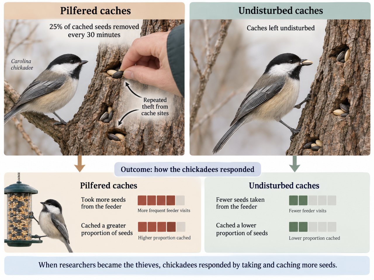 Side-by-side infographic comparing Carolina chickadees whose food caches were repeatedly pilfered with chickadees whose caches remained undisturbed. Birds experiencing theft took more seeds from feeders and cached a greater proportion of them.