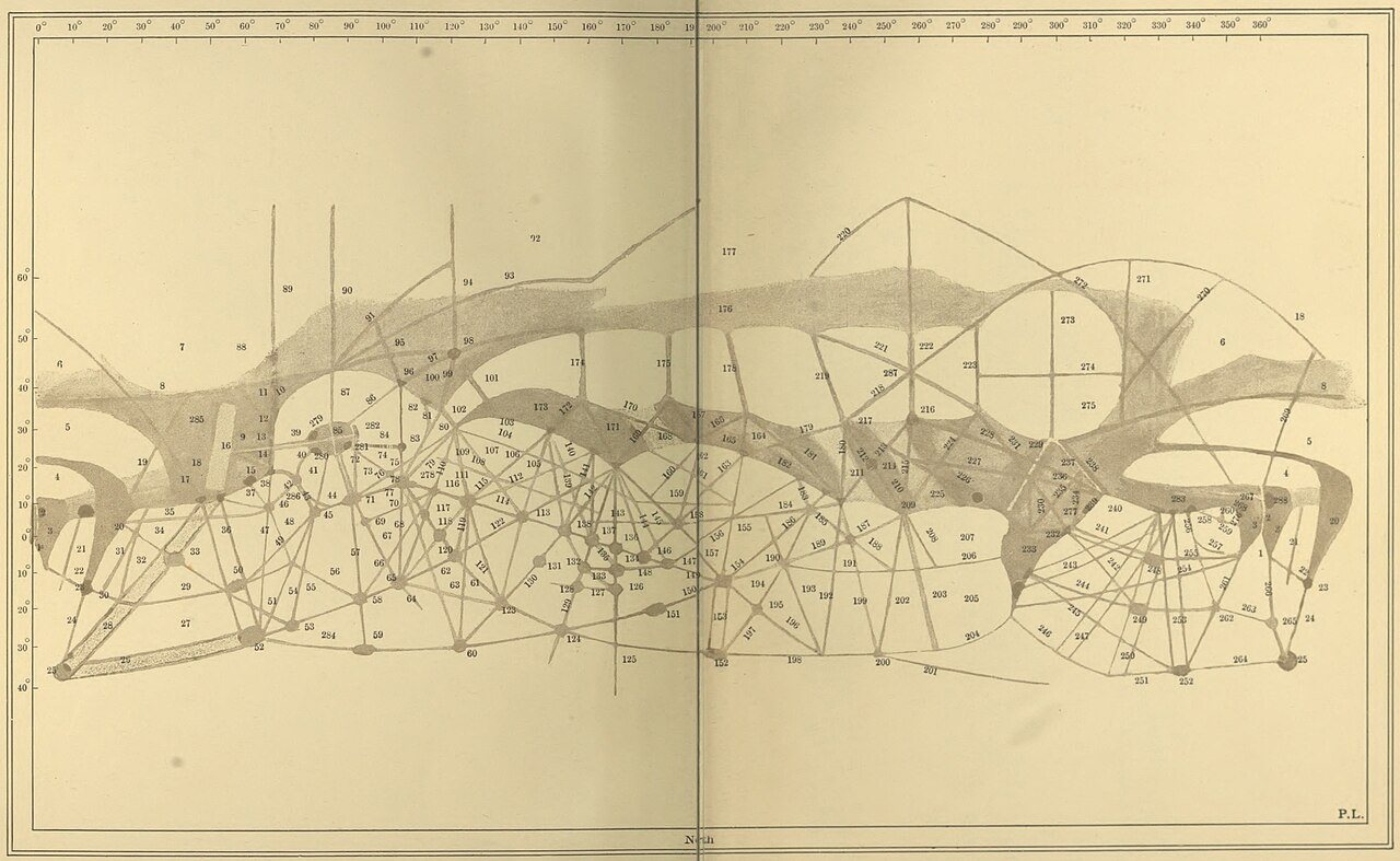 Percival Lowell’s 1896 map of Mars, showing an extensive network of long, straight lines that he interpreted as canals crossing the Martian surface.