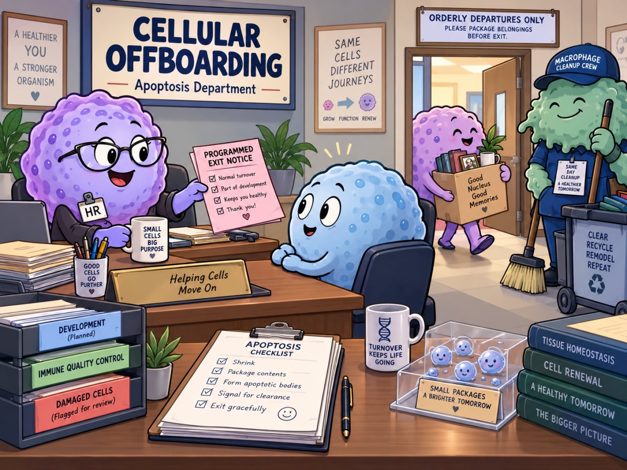 Humorous cartoon of a “Cellular Offboarding” office labeled “Apoptosis Department.” A smiling HR cell hands a programmed exit notice to another cell while a departing cell carries a box of belongings and a macrophage cleanup worker waits nearby with a broom and cart. Signs and paperwork reference development, immune quality control, damaged cells, apoptotic bodies, tissue homeostasis, and orderly departures.