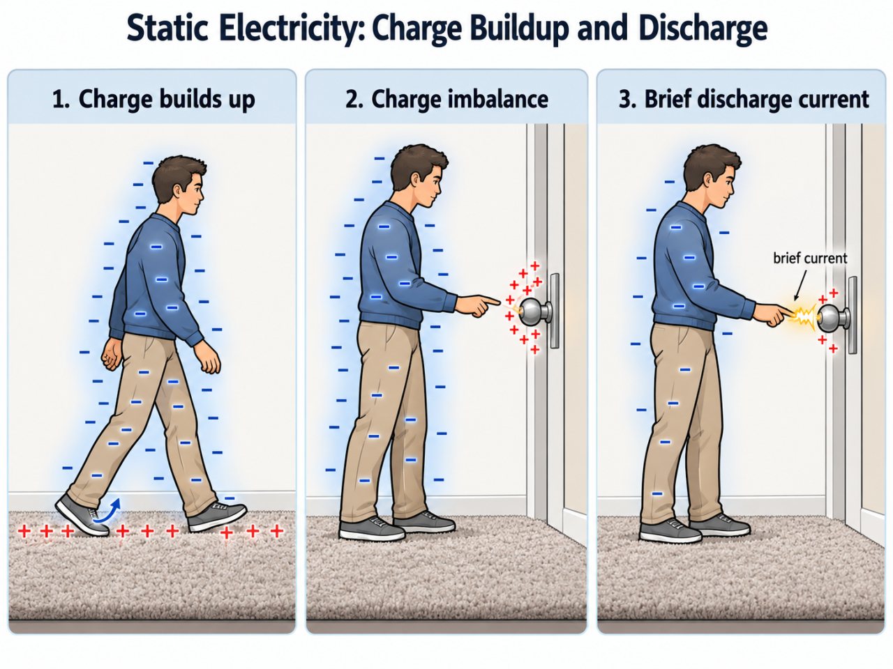 Three-panel infographic showing static electricity buildup and discharge: a person gains excess negative charge while walking across carpet, approaches a metal doorknob with charge imbalance present, and then releases the accumulated charge in a brief spark current.