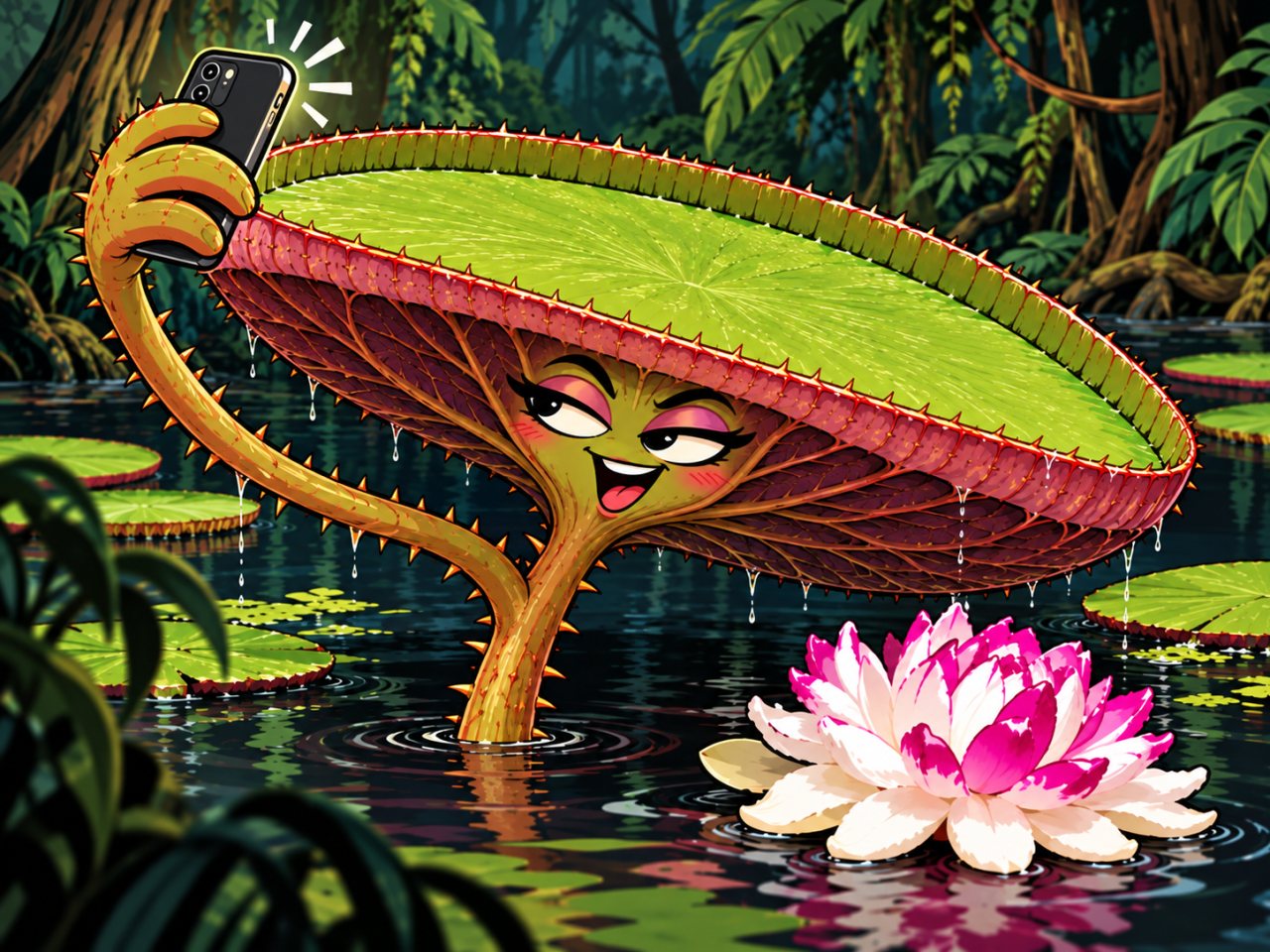 Humorous editorial-cartoon illustration of a giant green waterlily taking a selfie with a smartphone in a flooded tropical rainforest. The enormous circular leaf sits above the plant's expressive, smiling face like a hat, with reddish-purple supporting ribs visible underneath and a prickly stem holding the phone. A large pink-and-white waterlily flower floats nearby.