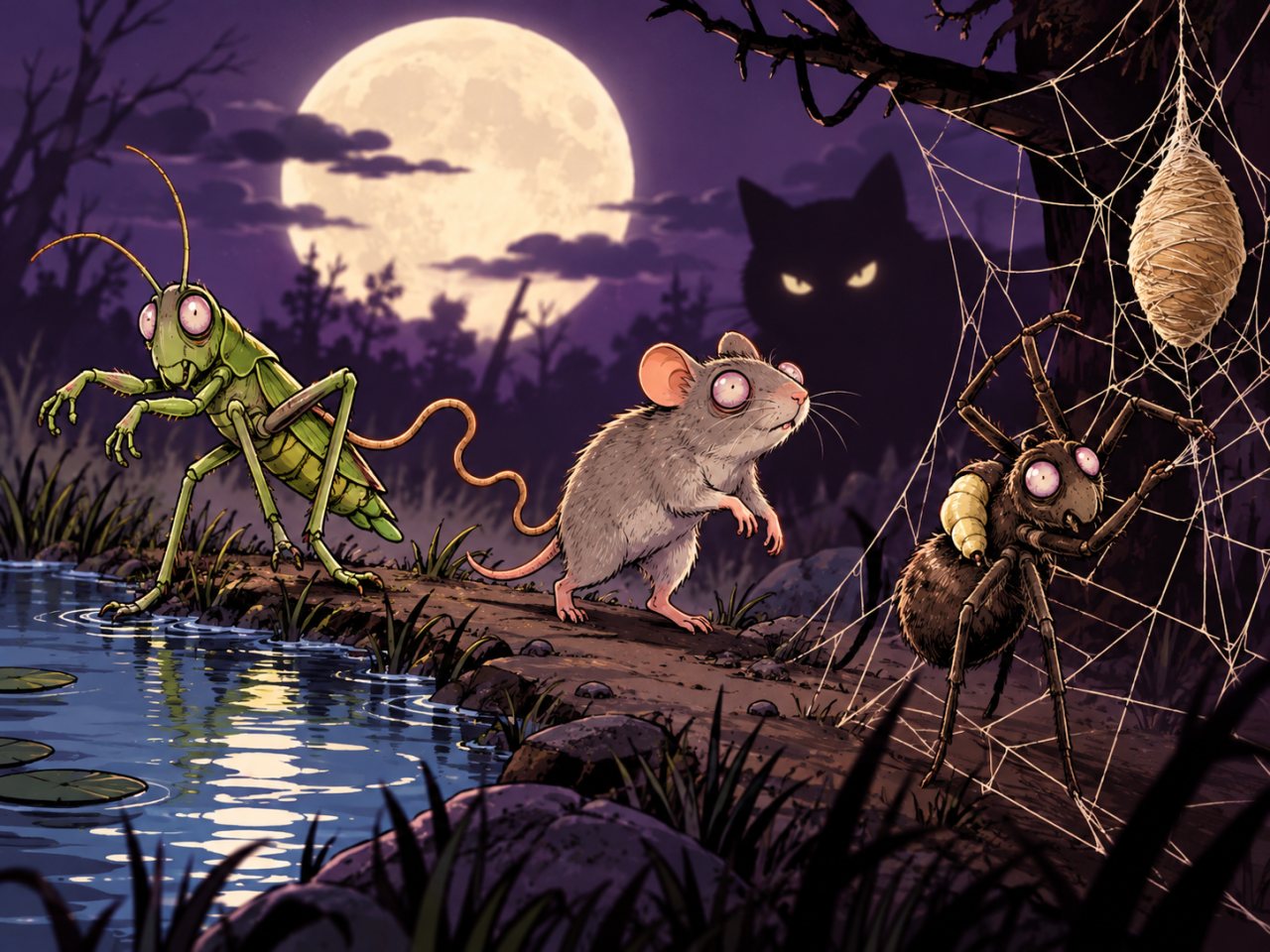 Humorous editorial-cartoon illustration of three zombified animals at night: a grasshopper with a trailing hairworm lurches toward water, a dazed mouse shuffles toward a looming cat silhouette, and a spider with a parasitoid larva attached to its abdomen works on a web holding a cocoon. A large full moon and eerie purple sky create a spooky Halloween atmosphere.