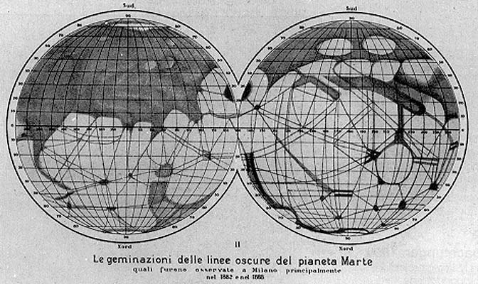 Giovanni Schiaparelli’s 1886 double-hemisphere map of Mars, showing numerous straight canal-like markings, including several features drawn as closely spaced parallel pairs.