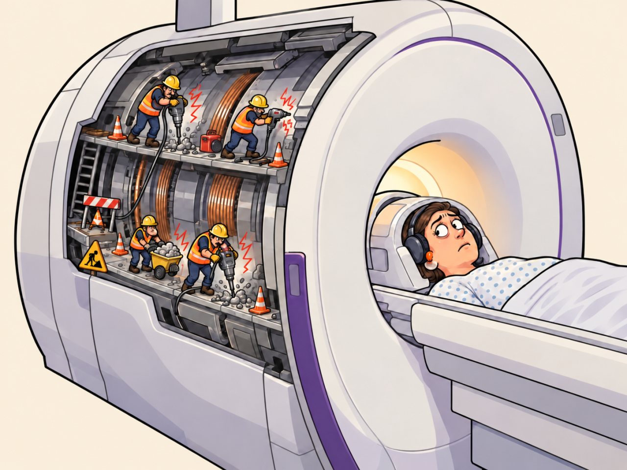 Cartoon cutaway of an MRI scanner showing a worried patient wearing ear protection while tiny construction workers inside the scanner use jackhammers and other noisy tools.