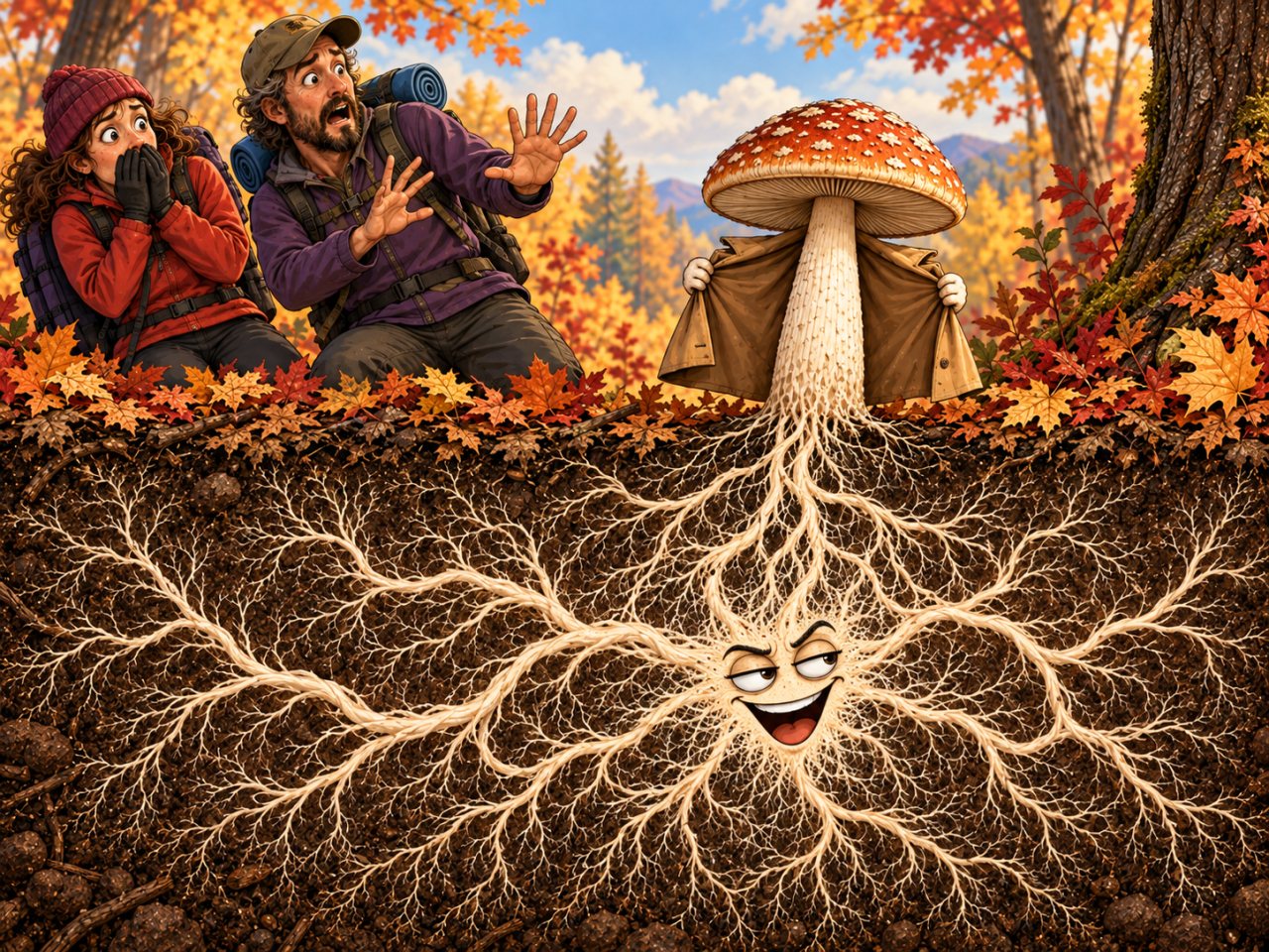 Two startled hikers react to a trench-coat-wearing mushroom in an autumn forest, while a cutaway below ground reveals the much larger branching mycelium of the same fungus with a mischievous face.