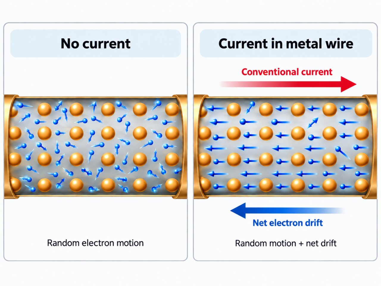 Two-panel infographic comparing electron motion in a metal wire with and without current. The left panel shows electrons moving randomly with no net flow. The right panel shows most electrons drifting left while conventional current points right.