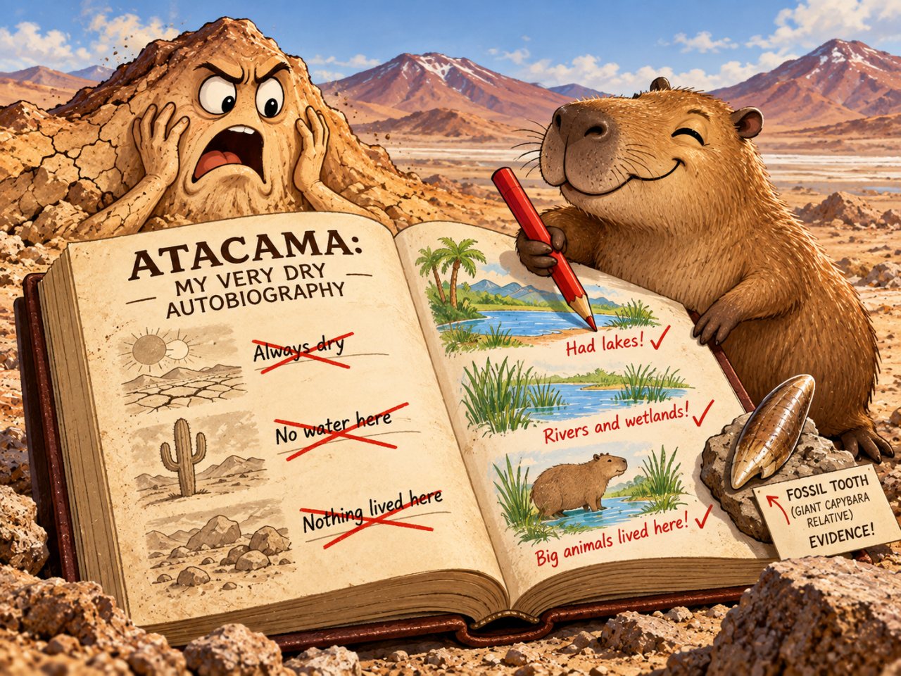 A smug ancient capybara relative edits a giant book titled “Atacama: My Very Dry Autobiography” while a shocked personified desert looks on. The book’s dry claims are crossed out and replaced with drawings of lakes, wetlands, and a capybara, with a fossil tooth labeled as evidence.