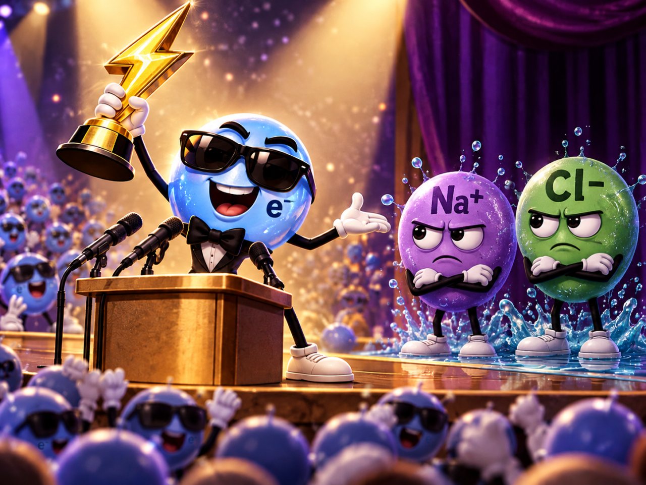 Humorous editorial illustration of a smug electron marked e⁻ accepting a golden lightning-bolt trophy at an awards podium while sodium and chloride ions stand nearby with crossed arms, looking annoyed that the electron is taking all the credit.