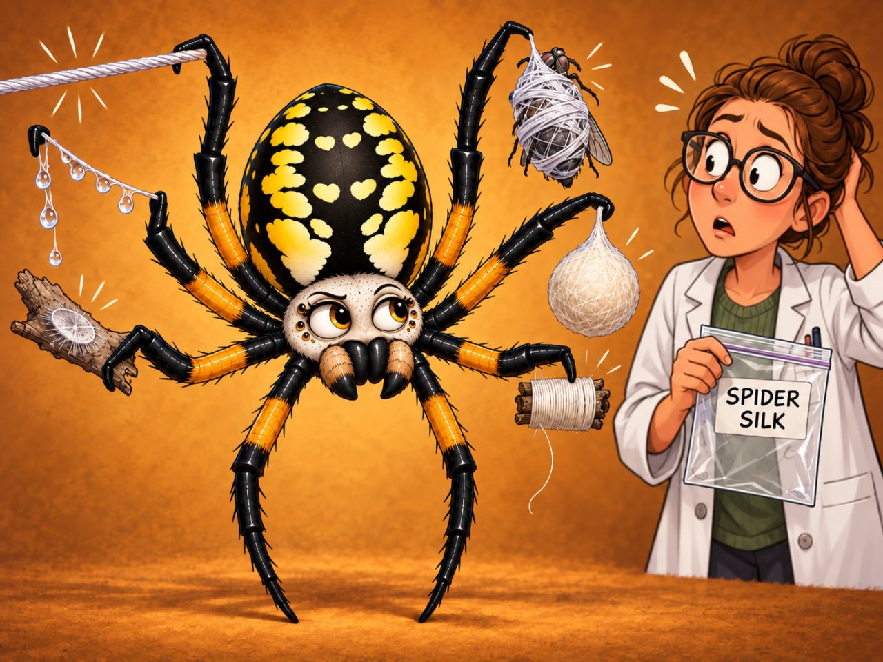 Humorous cartoon illustration of Sylvie the spider standing upright beside a female scientist holding a specimen bag labeled “SPIDER SILK.” Sylvie presents multiple different silk products in her legs, visually demonstrating that spider silk is not one single material.