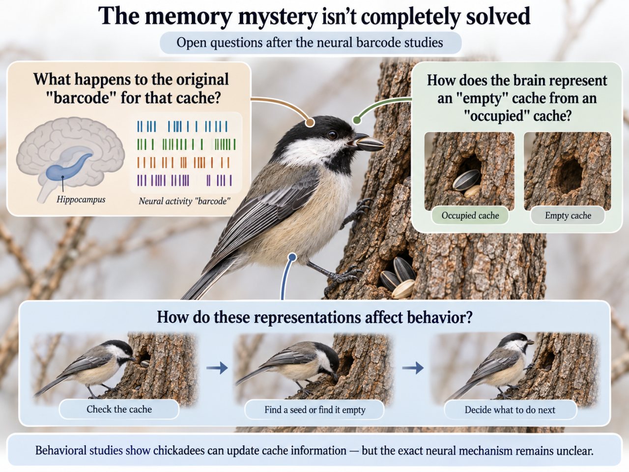 Infographic showing a chickadee with a sunflower seed surrounded by open neuroscience questions about cache memory. One panel asks what happens to the original neural “barcode” for a cache, another asks how the brain distinguishes an occupied cache from an empty one, and a third asks how those neural representations affect the bird’s behavior.