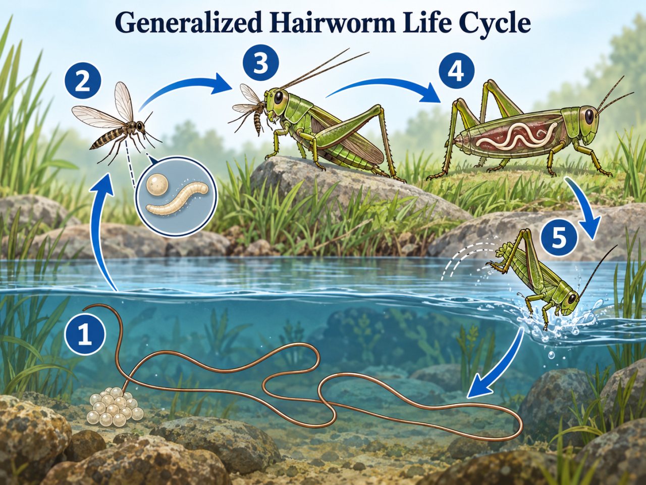 Illustrated diagram of a generalized hairworm life cycle with numbered stages. Adult hairworms and their eggs are shown in water, early stages infect small flying insects, infected insects are eaten by grasshoppers or crickets, the worm develops inside the larger insect, and the host is then compelled to jump into water so the adult worm can emerge.