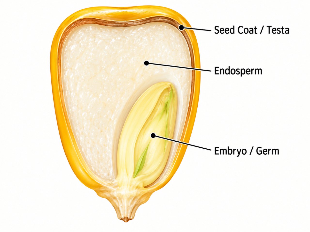 Cross-section diagram of a maize kernel showing three labeled internal seed structures: seed coat (testa), endosperm, and embryo (germ).