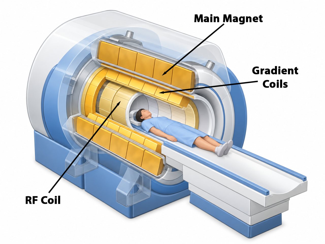 Cutaway illustration of an MRI scanner showing the patient inside the bore and the relative positions of the main magnet, gradient coils, and RF coil.