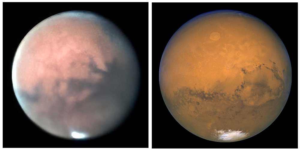Side-by-side views of Mars through telescopes. At left, a modern ground-based telescope image shows broad surface markings blurred by Earth’s atmosphere. At right, a Hubble Space Telescope image taken above the atmosphere reveals substantially finer Martian surface detail.