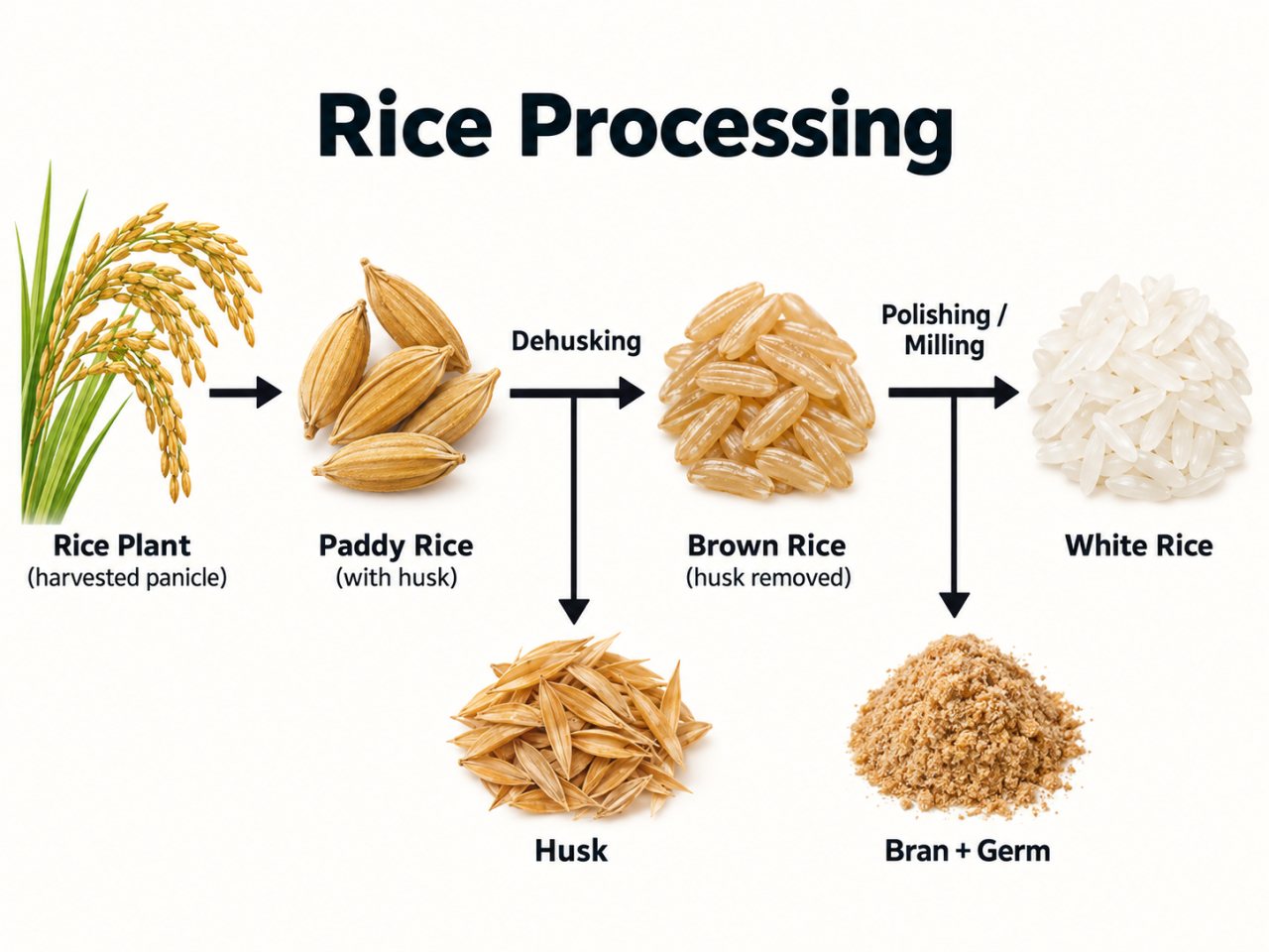 Flowchart showing rice processing from harvested rice plant to paddy rice, then to brown rice after dehusking, and finally to white rice after polishing or milling, with husk and bran plus germ shown as materials removed during processing.