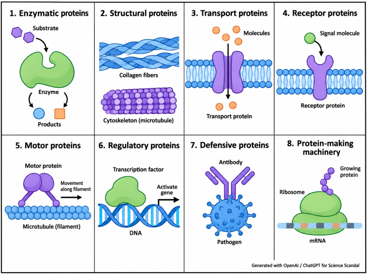 Eight-panel infographic showing several major functions of proteins: enzymatic proteins, structural proteins, transport proteins, receptor proteins, motor proteins, regulatory proteins, defensive proteins, and protein-making machinery.